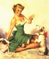 pin up mit Hund in roter Schleife
